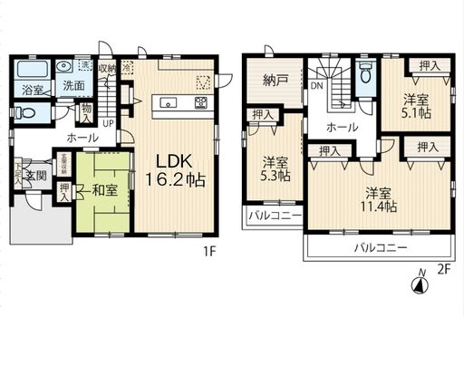 1.●４LDK＋納戸　　2階東南洋室は2部屋へ変更可
